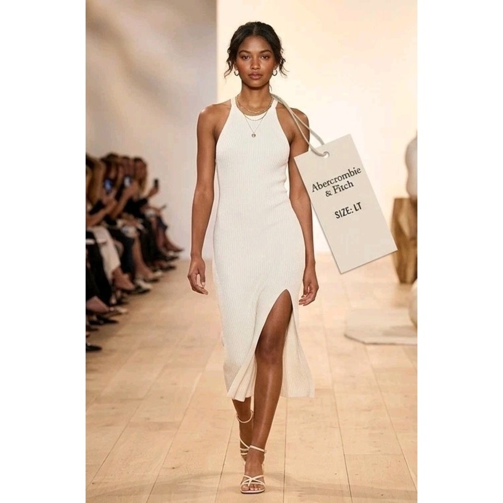 Abercrombie & Fitch Women's LT Cream Knit Halter Midi Dress NWT Luxe Cocktail